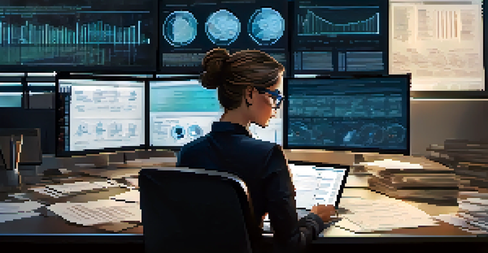 A forensic investigator in a modern office analyzing virtual machine data on multiple screens, with notes and legal documents on the desk.