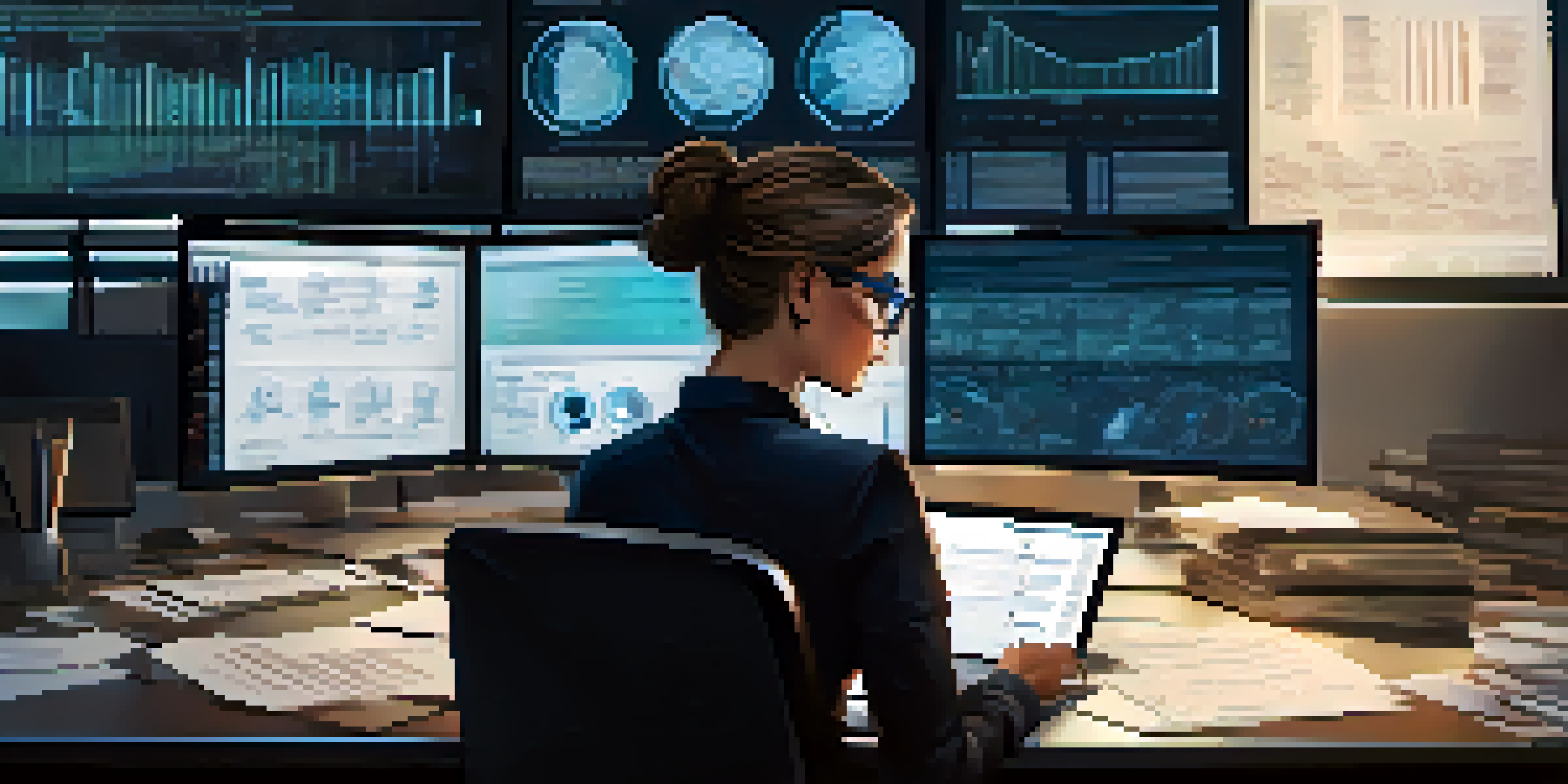 A forensic investigator in a modern office analyzing virtual machine data on multiple screens, with notes and legal documents on the desk.