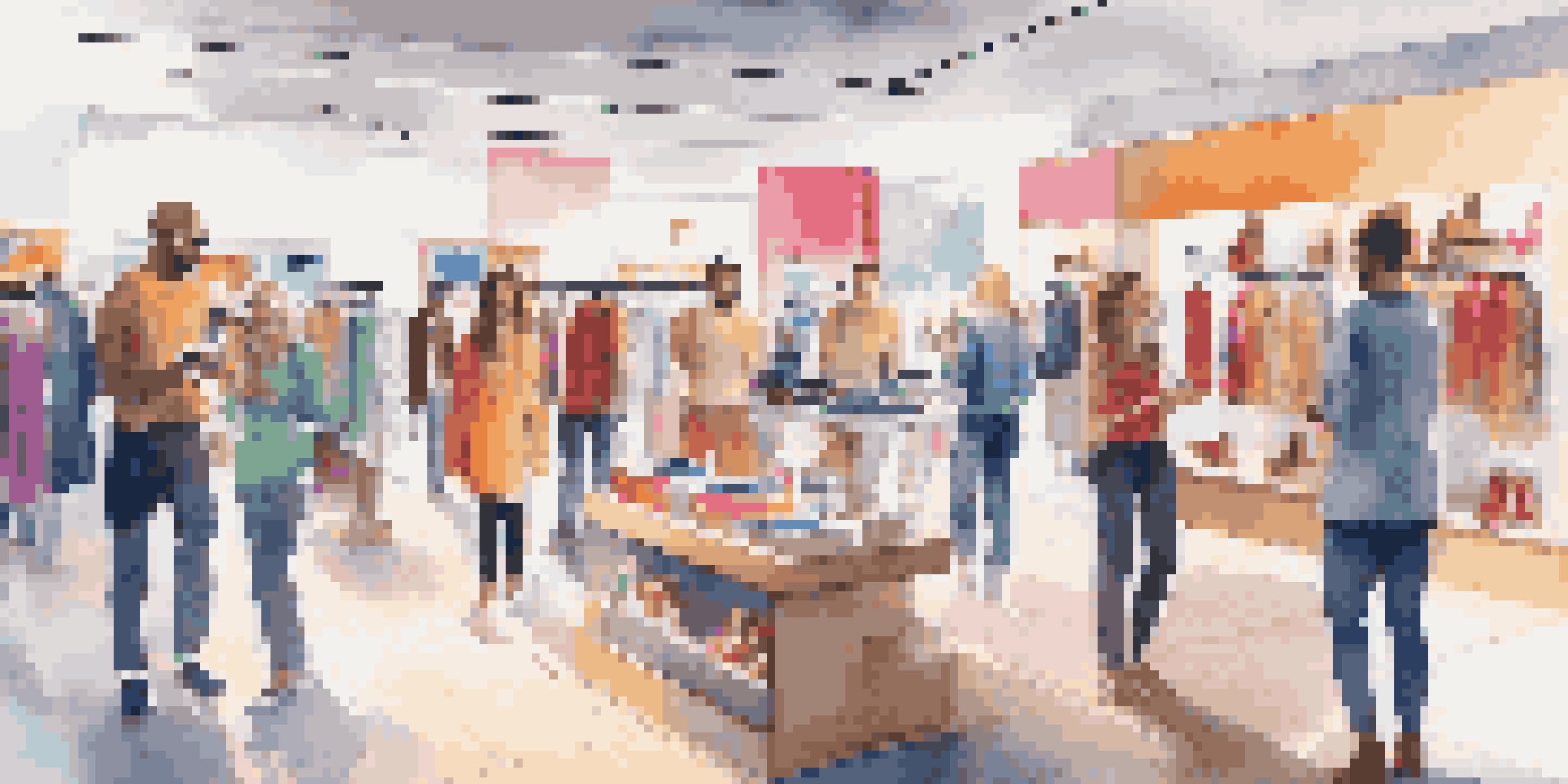 A lively retail store where shoppers are using smartphones to try on virtual clothes and accessories, surrounded by modern furniture and bright colors.