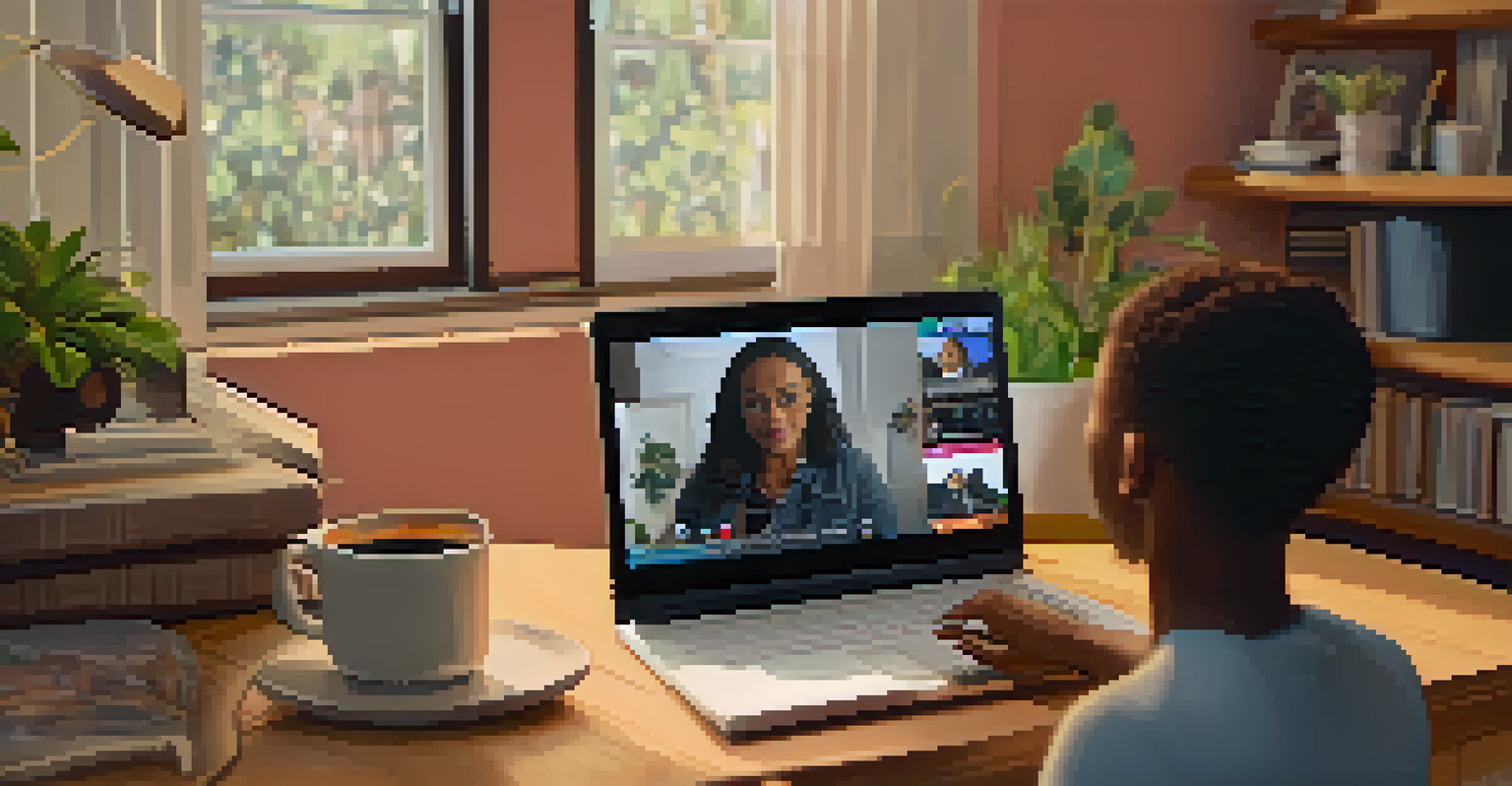 An instructional video on a laptop screen with captions and a sign language interpreter, set in a cozy home office environment.