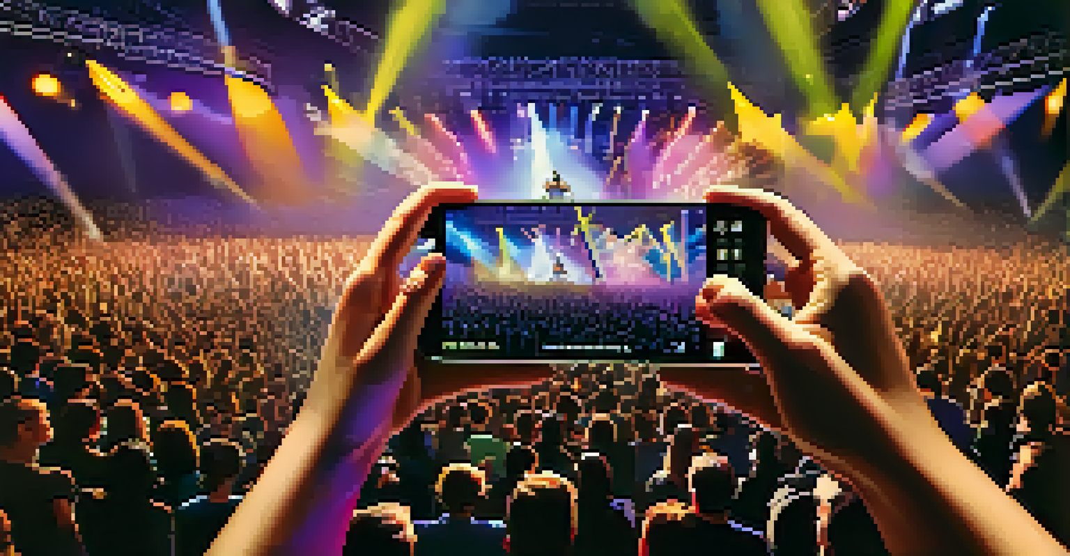 A smartphone displaying augmented reality features during a live concert, with interactive graphics and a crowd enjoying the performance in the background.