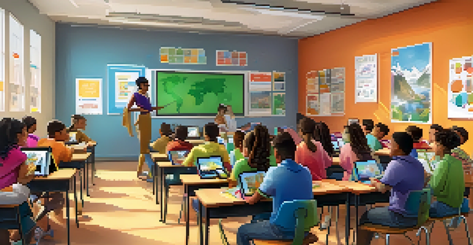 A lively classroom with students collaborating on gamified learning activities, featuring colorful decor and technology.