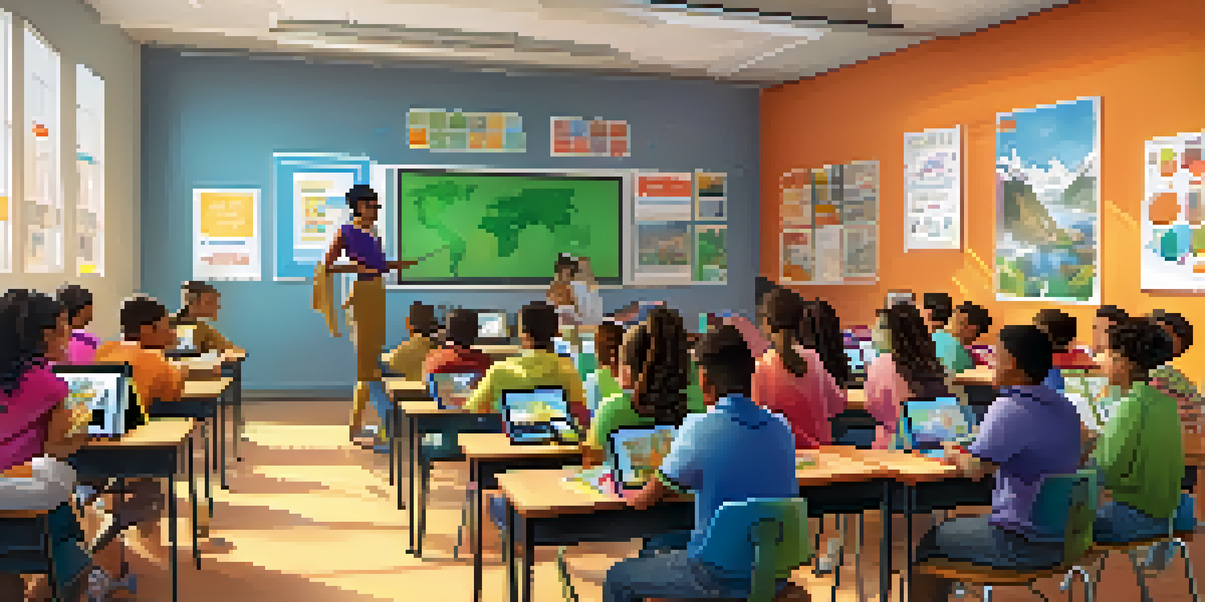 A lively classroom with students collaborating on gamified learning activities, featuring colorful decor and technology.