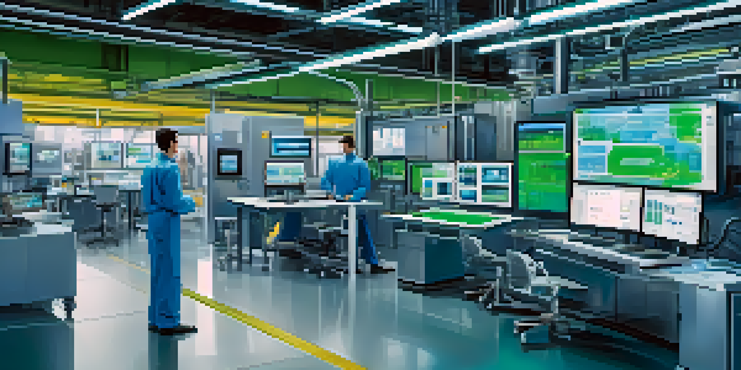 A modern manufacturing facility with screens showing digital twins and engineers collaborating.