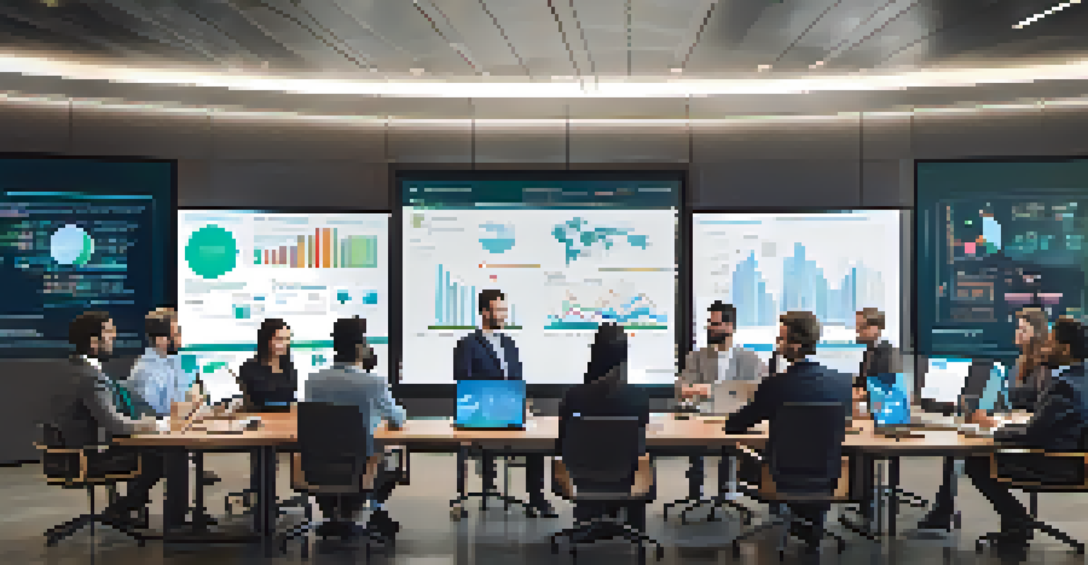 A diverse team in a modern conference room discussing data privacy and AI, with digital screens in the background.