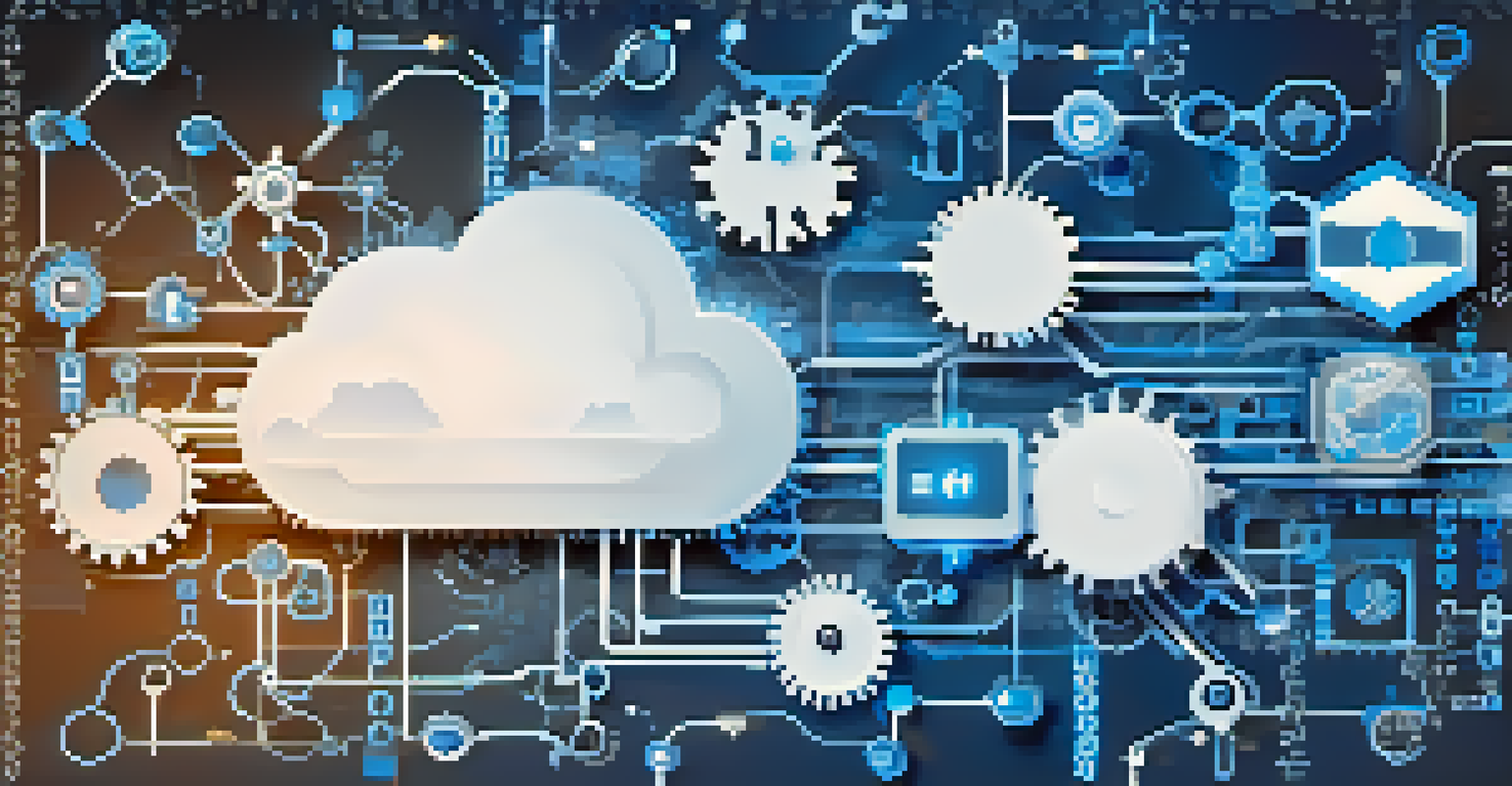 An abstract digital artwork depicting cloud computing and DevOps, with cloud icons and gears on a blue and white background.