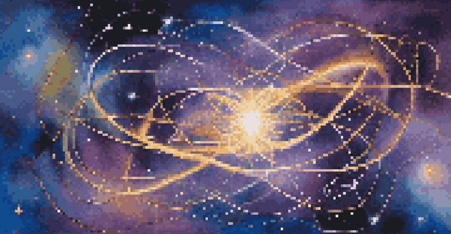 An artistic representation of quantum entanglement with two intertwined strings of light against a cosmic background filled with stars and nebulas.