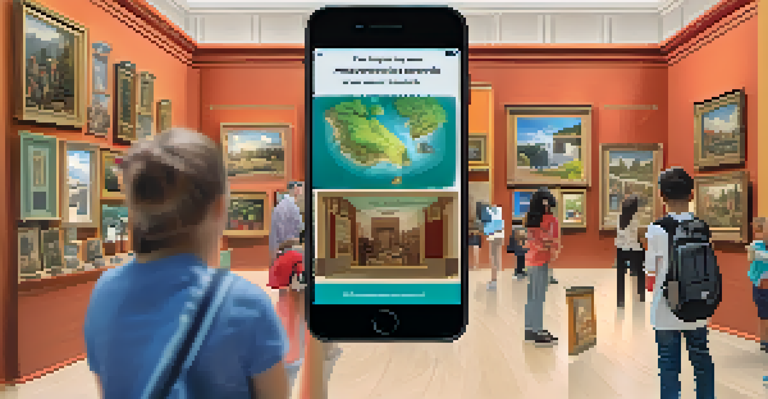 Visitors in a museum using smartphones to engage in an augmented reality scavenger hunt, surrounded by fascinating exhibits.