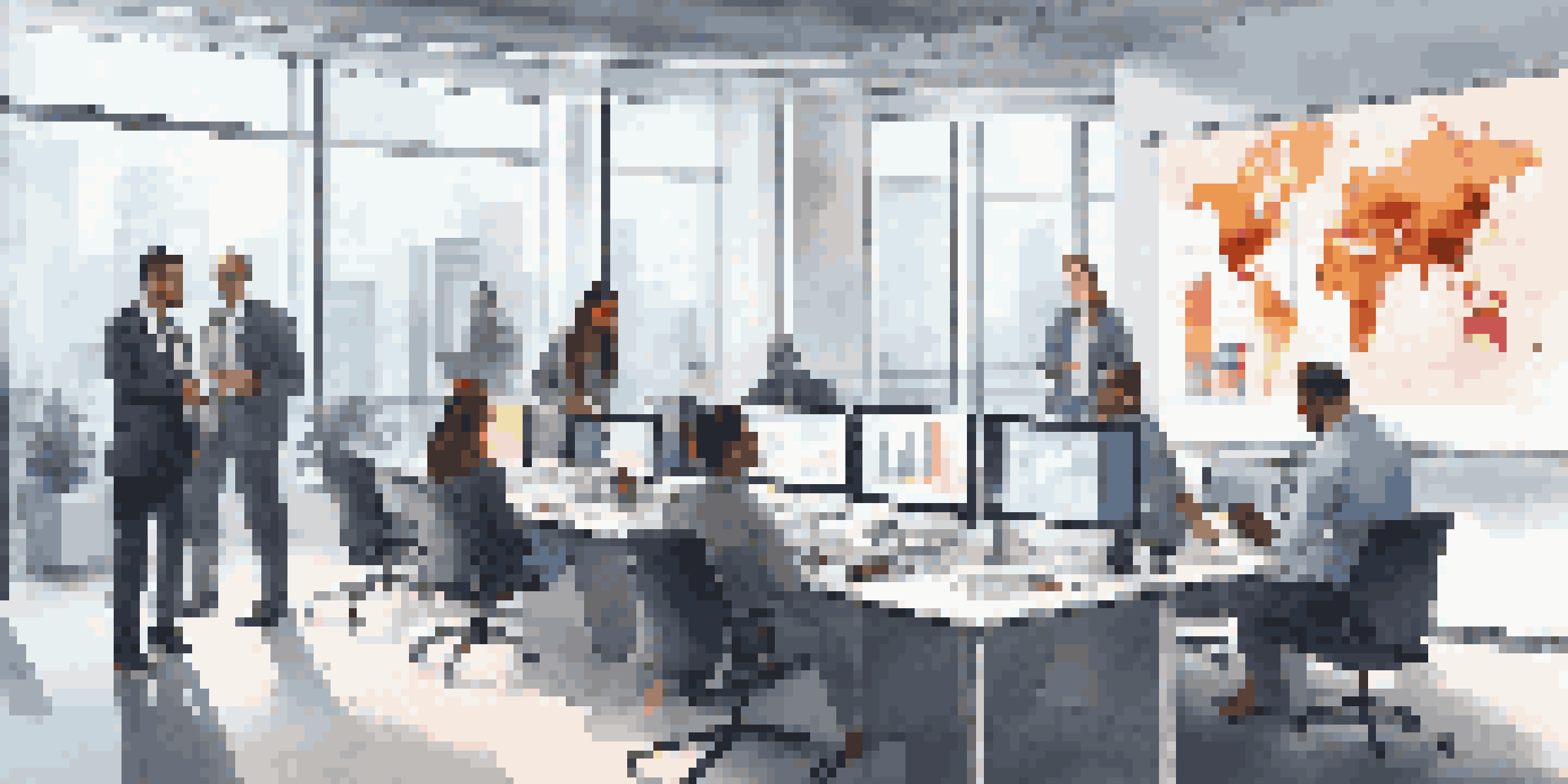 A diverse group of professionals in a modern office discussing data visualizations related to fraud detection.