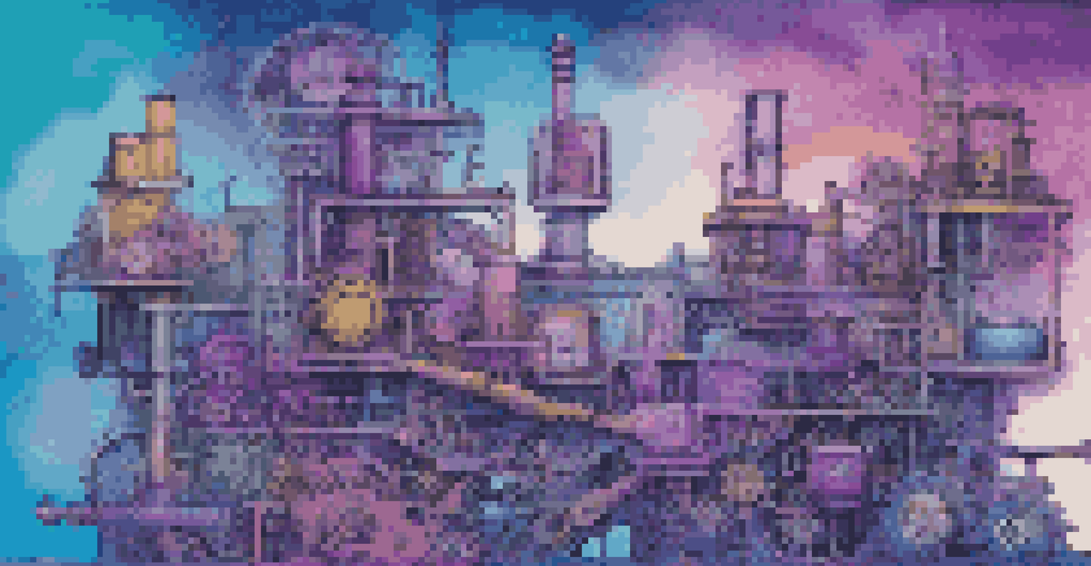 An abstract visualization of CI/CD processes and containers, featuring gears and colorful floating containers in a digital landscape.