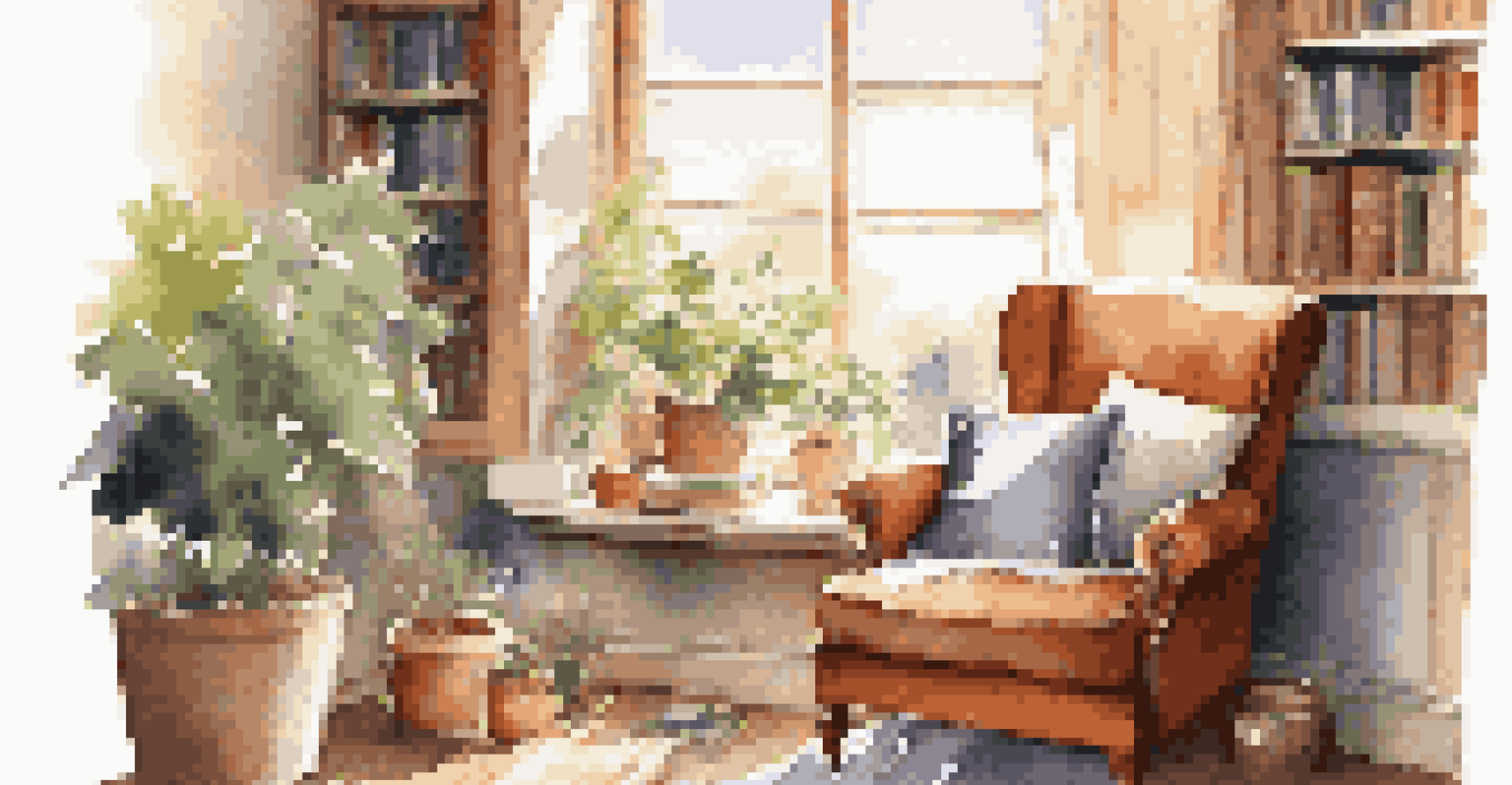 A warm and inviting reading nook with a plush chair, books, and sunlight streaming through a large window.