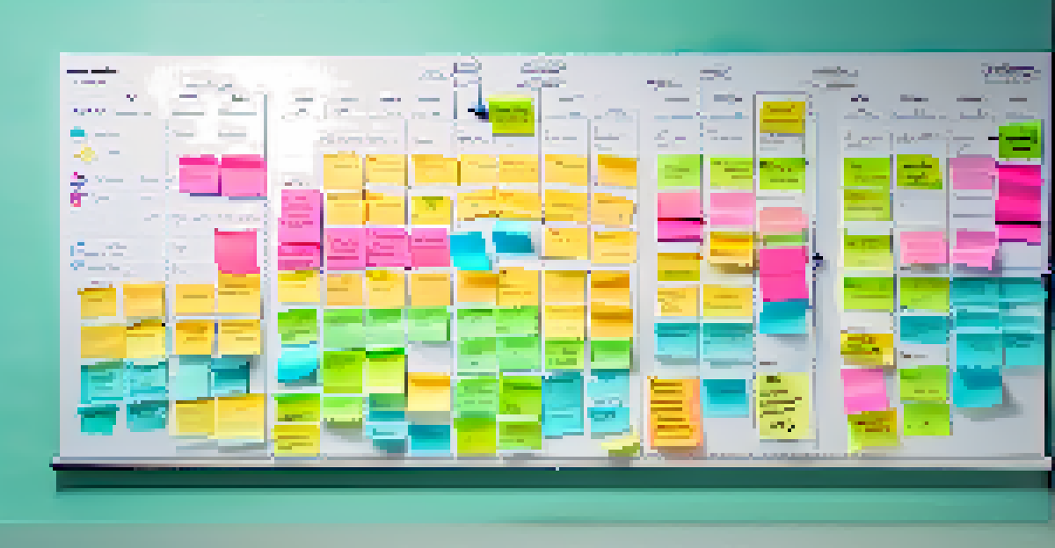 A colorful digital task management board filled with sticky notes and charts on a gradient blue-green background.