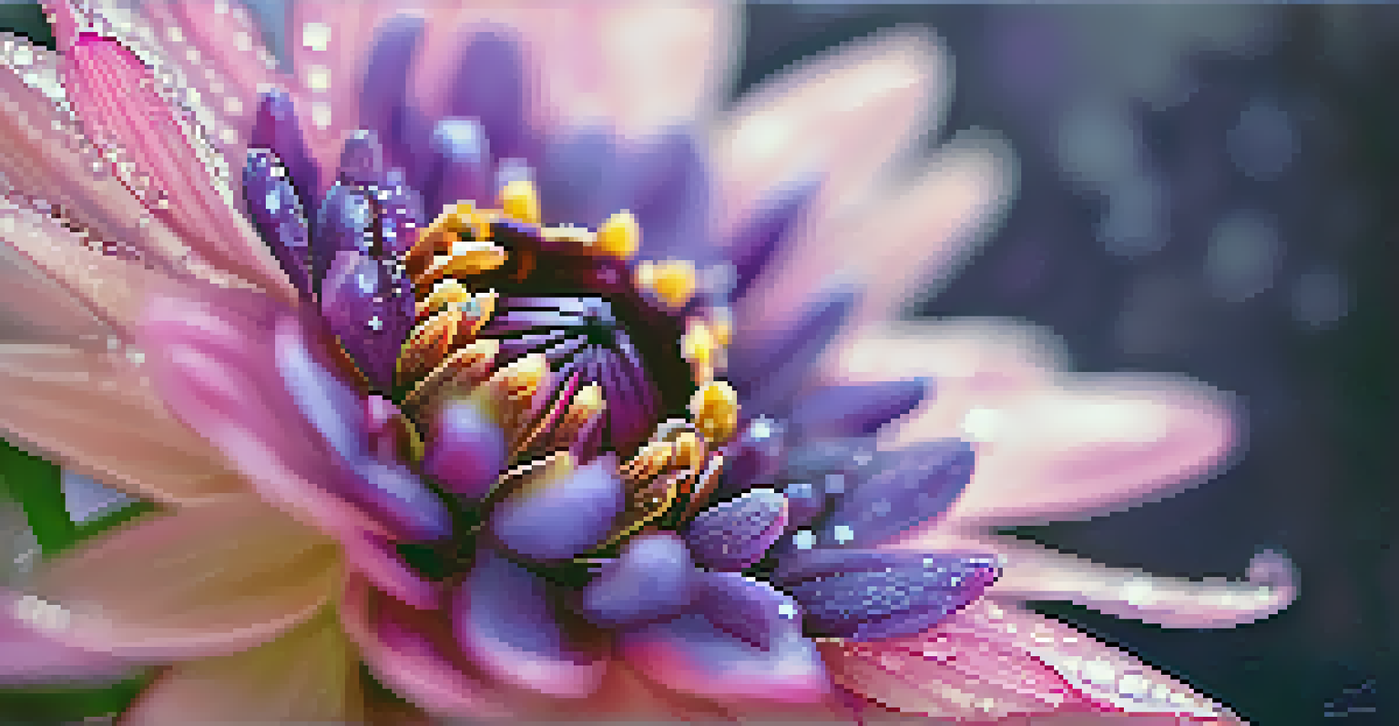 A close-up view of a blooming purple and pink flower with dew drops on its petals, set against a blurred background.