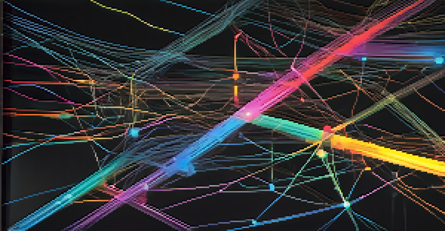 An abstract illustration of interconnected nodes and data flow representing microservices communication, with a dark background.