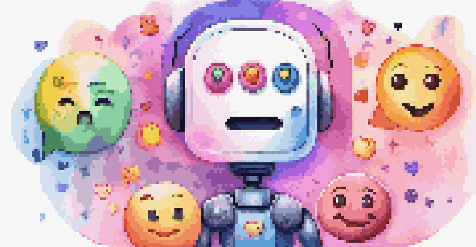 A chatbot icon surrounded by colorful emojis representing different user emotions, set against a light gradient background.