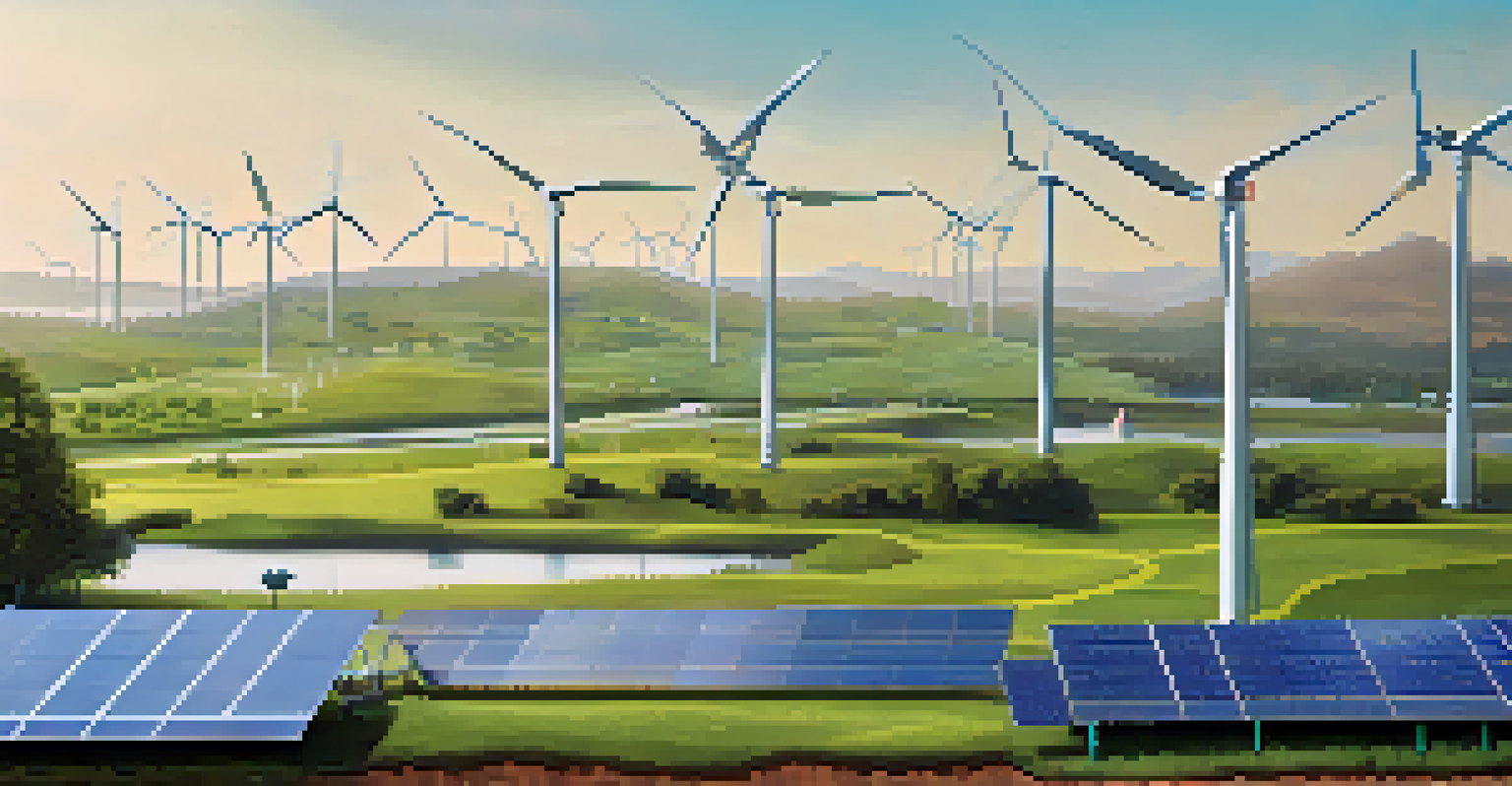 A sustainable landscape featuring solar panels and wind turbines, with a digital screen showcasing energy analytics in an earthy color palette.