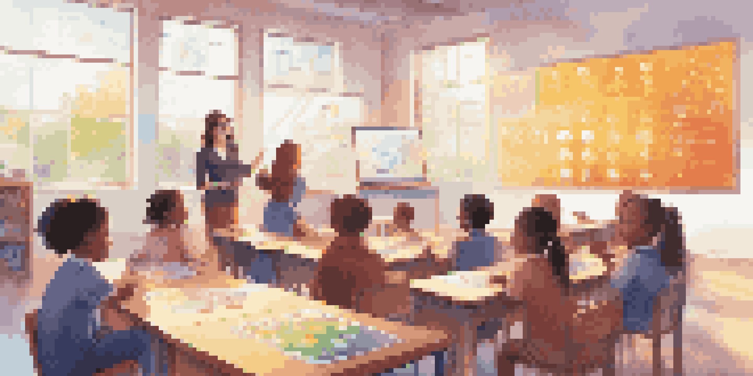 A classroom where children learn about data privacy, with a teacher and colorful visuals on a screen.