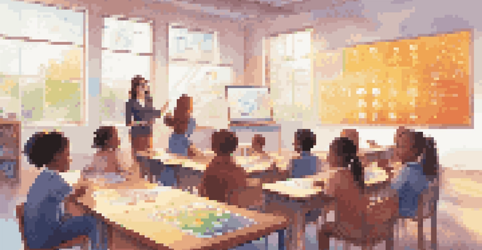 A classroom where children learn about data privacy, with a teacher and colorful visuals on a screen.