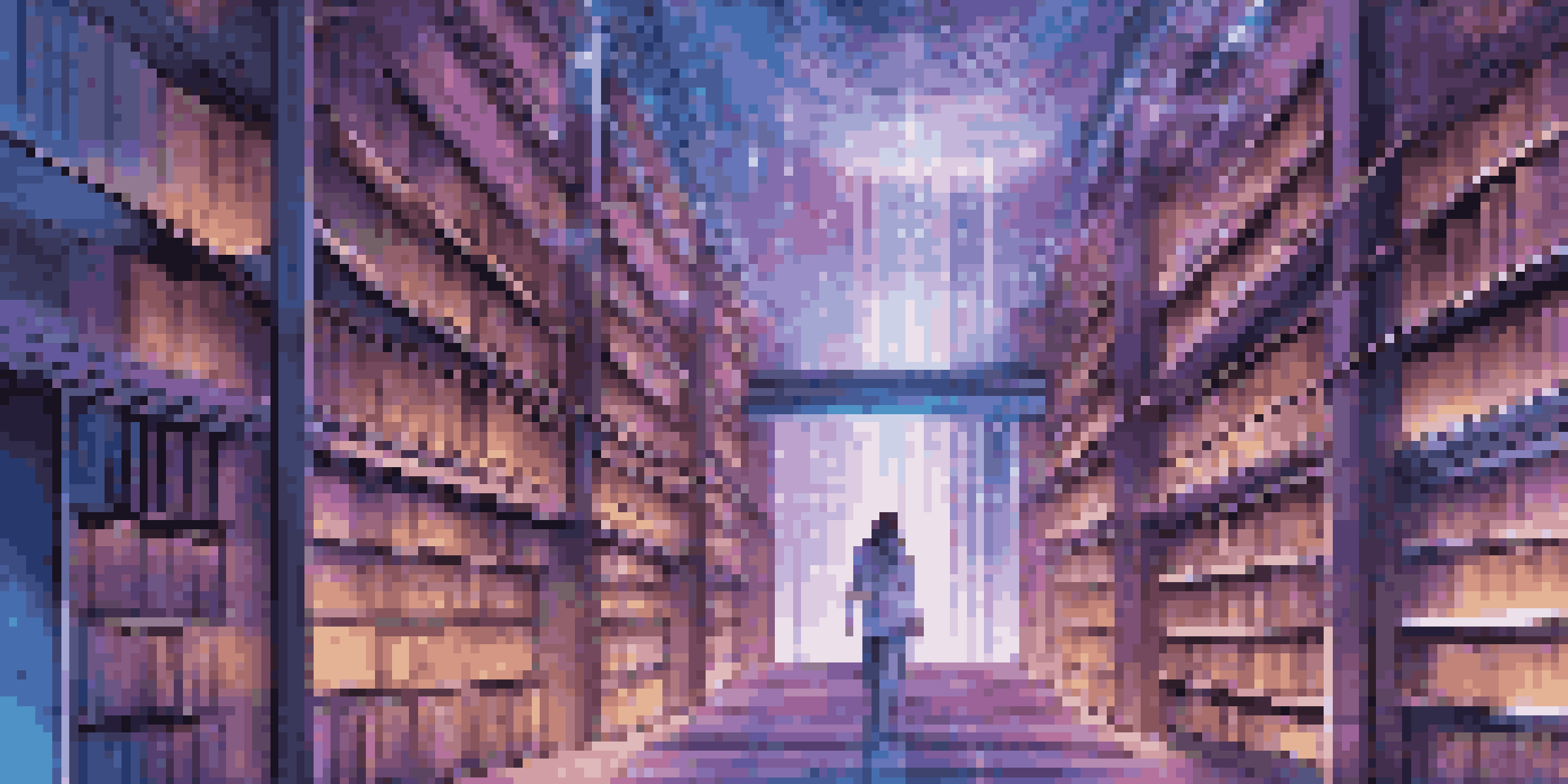 A futuristic library with glowing books and a central digital interface displaying qubits in motion, symbolizing quantum computing.
