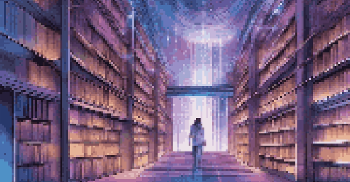 A futuristic library with glowing books and a central digital interface displaying qubits in motion, symbolizing quantum computing.