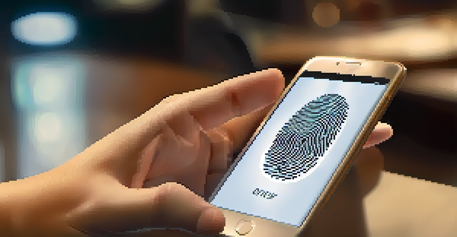 A close-up of a hand using a fingerprint scanner on a smartphone with a confirmation message displayed, set against a blurred background.