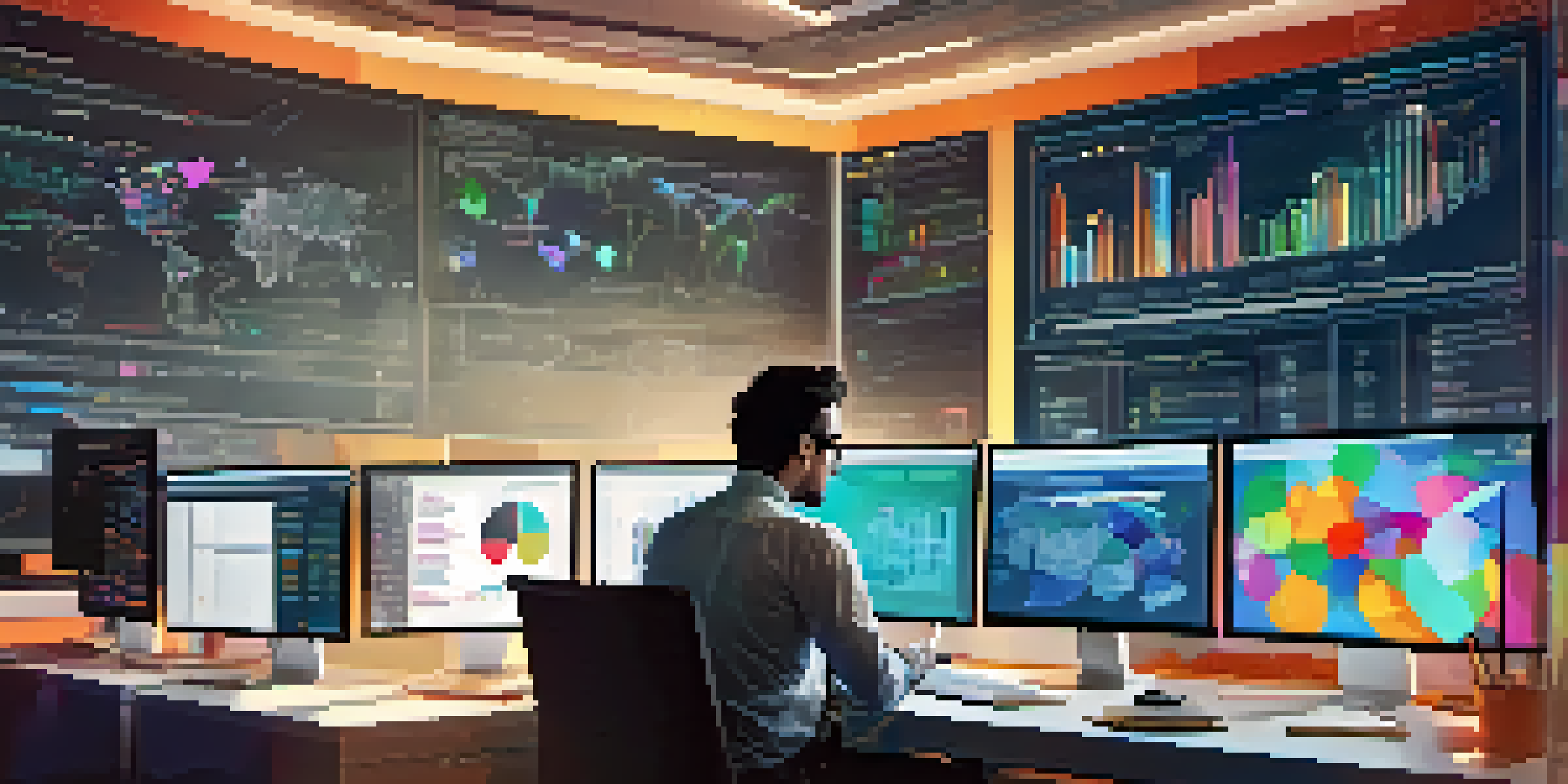 A data analyst at a desk working with colorful charts and graphs on a large screen, with a warm and inviting atmosphere.