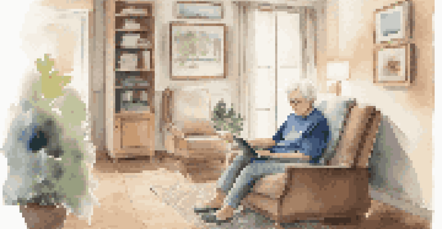 An elderly person using a tablet for a telemedicine appointment in a cozy living room, surrounded by family photos.