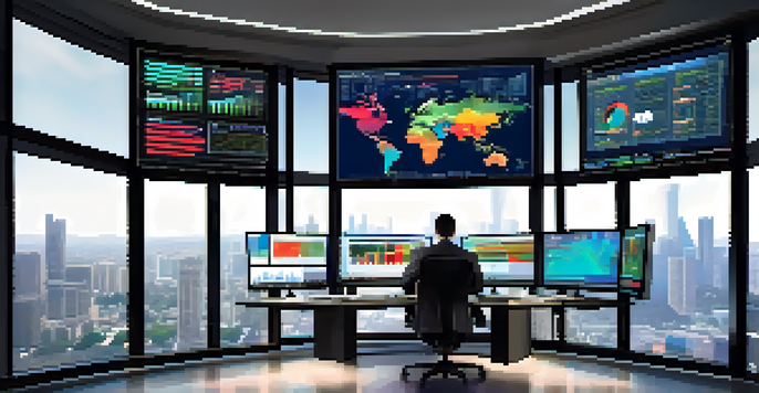 A financial analyst at a workstation with multiple screens showing colorful graphs and charts, with a city skyline in the background.