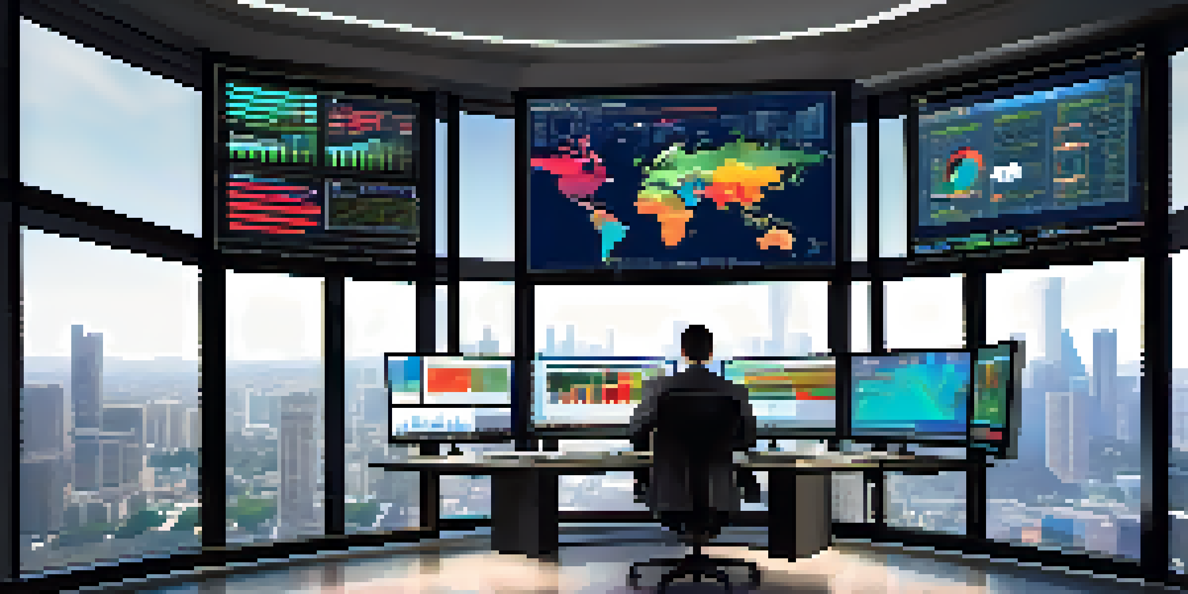 A financial analyst at a workstation with multiple screens showing colorful graphs and charts, with a city skyline in the background.