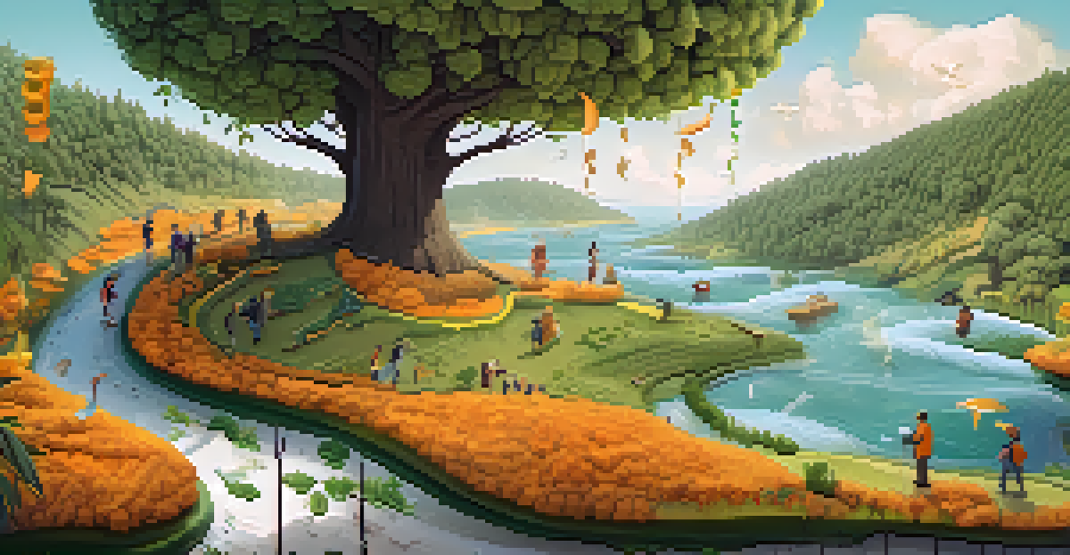 A whimsical scene illustrating storytelling through data visualization, featuring characters as infographics related to climate change.