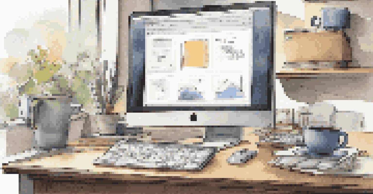 A workspace with a computer displaying a content management system dashboard, surrounded by notebooks and coffee.