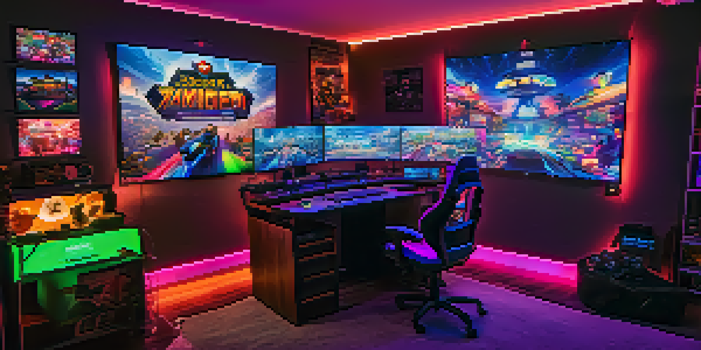 A gaming room with colorful LED lights and multiple monitors showing a live game stream, decorated with gaming posters and plush characters.