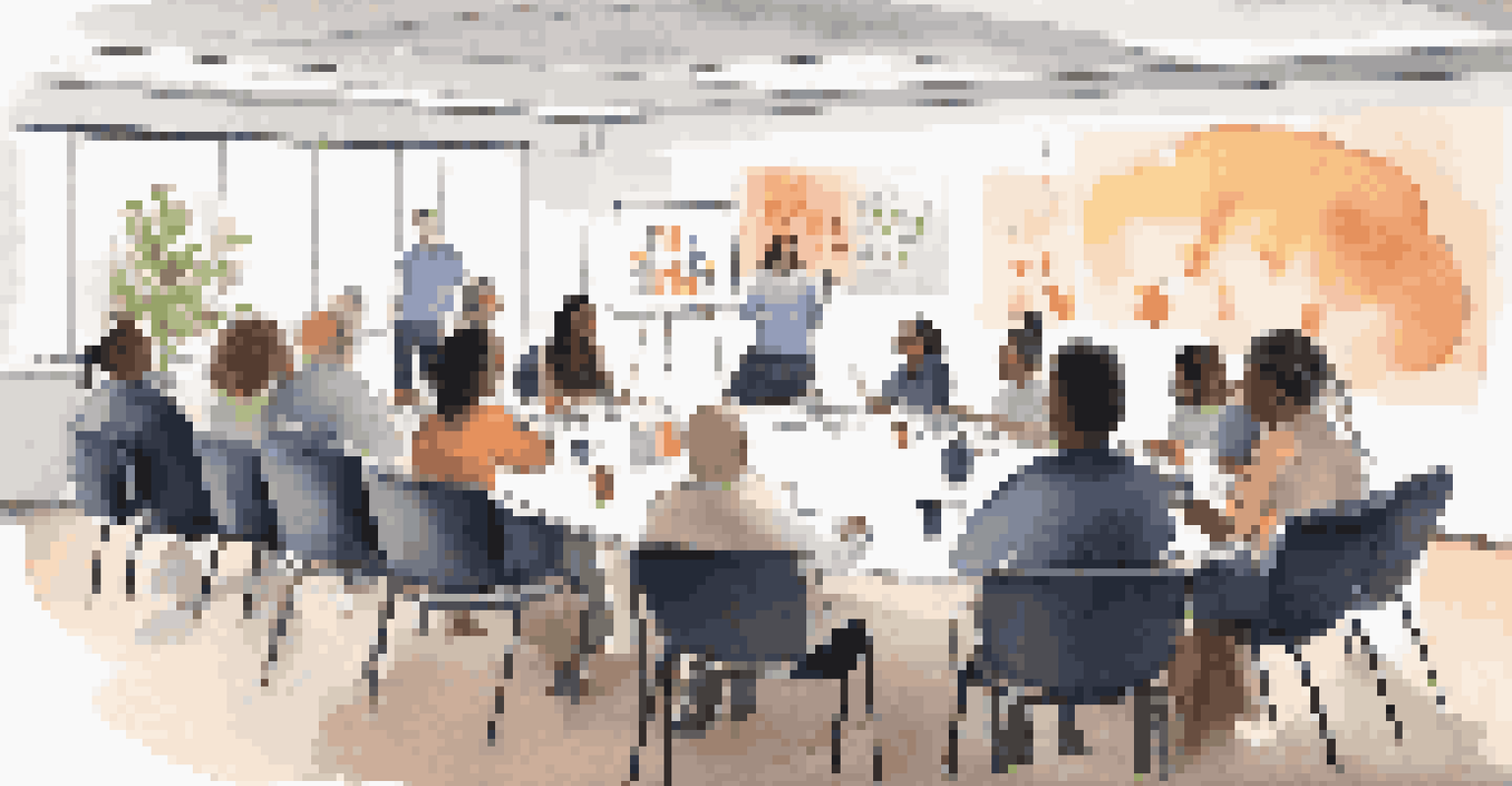 A facilitator leading a workshop on inclusivity with a diverse group of employees seated at a round table, discussing materials on unconscious bias and cultural competency in a well-lit room.
