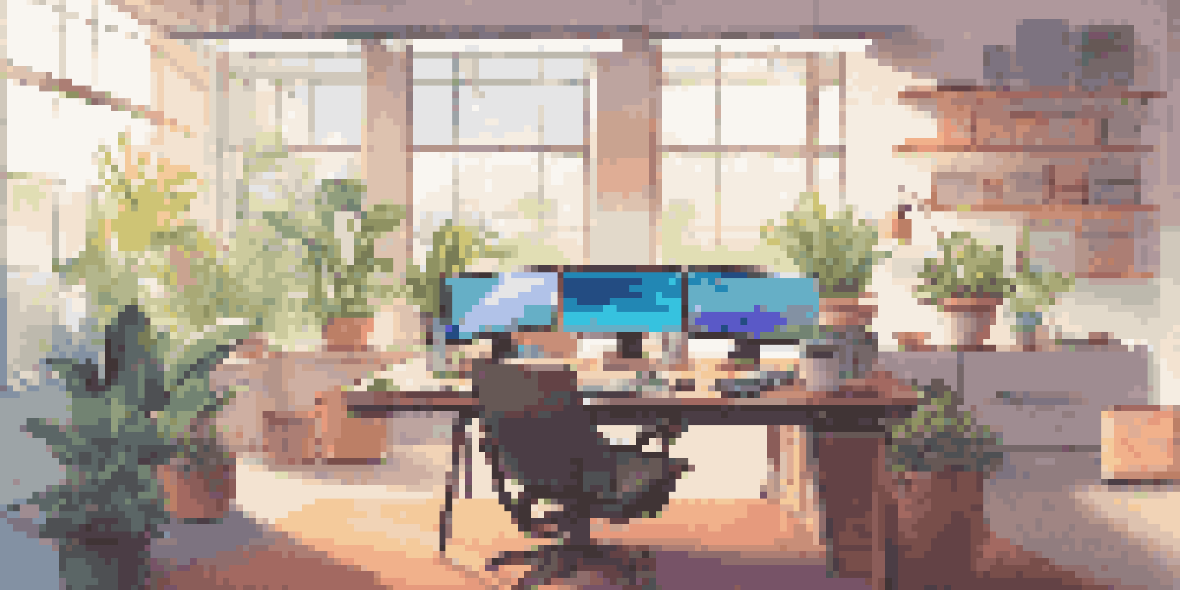 A bright and organized digital workspace with a computer displaying a digital asset management interface, natural light, and a potted plant.