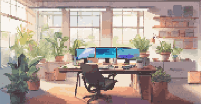 A bright and organized digital workspace with a computer displaying a digital asset management interface, natural light, and a potted plant.