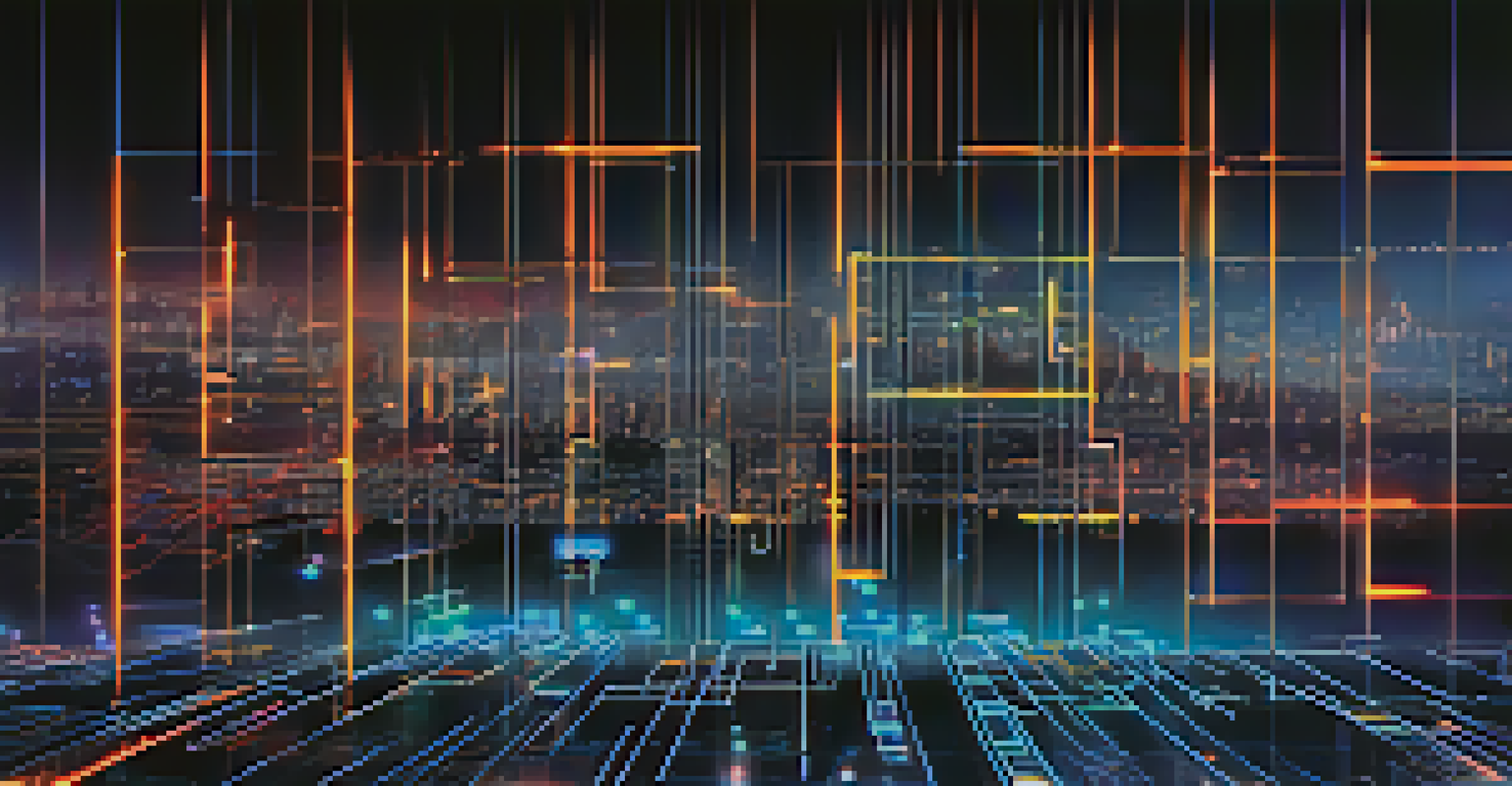 An abstract digital wall made of binary code representing a firewall, with a blurred city skyline in the background, symbolizing cyber protection.