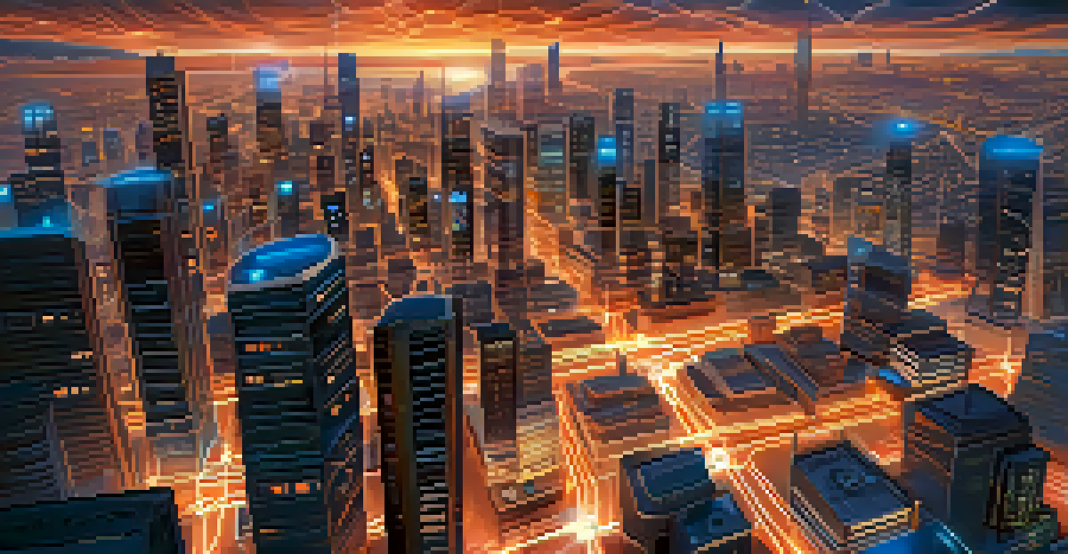 An aerial view of a smart city at dusk with glowing data streams connecting buildings.