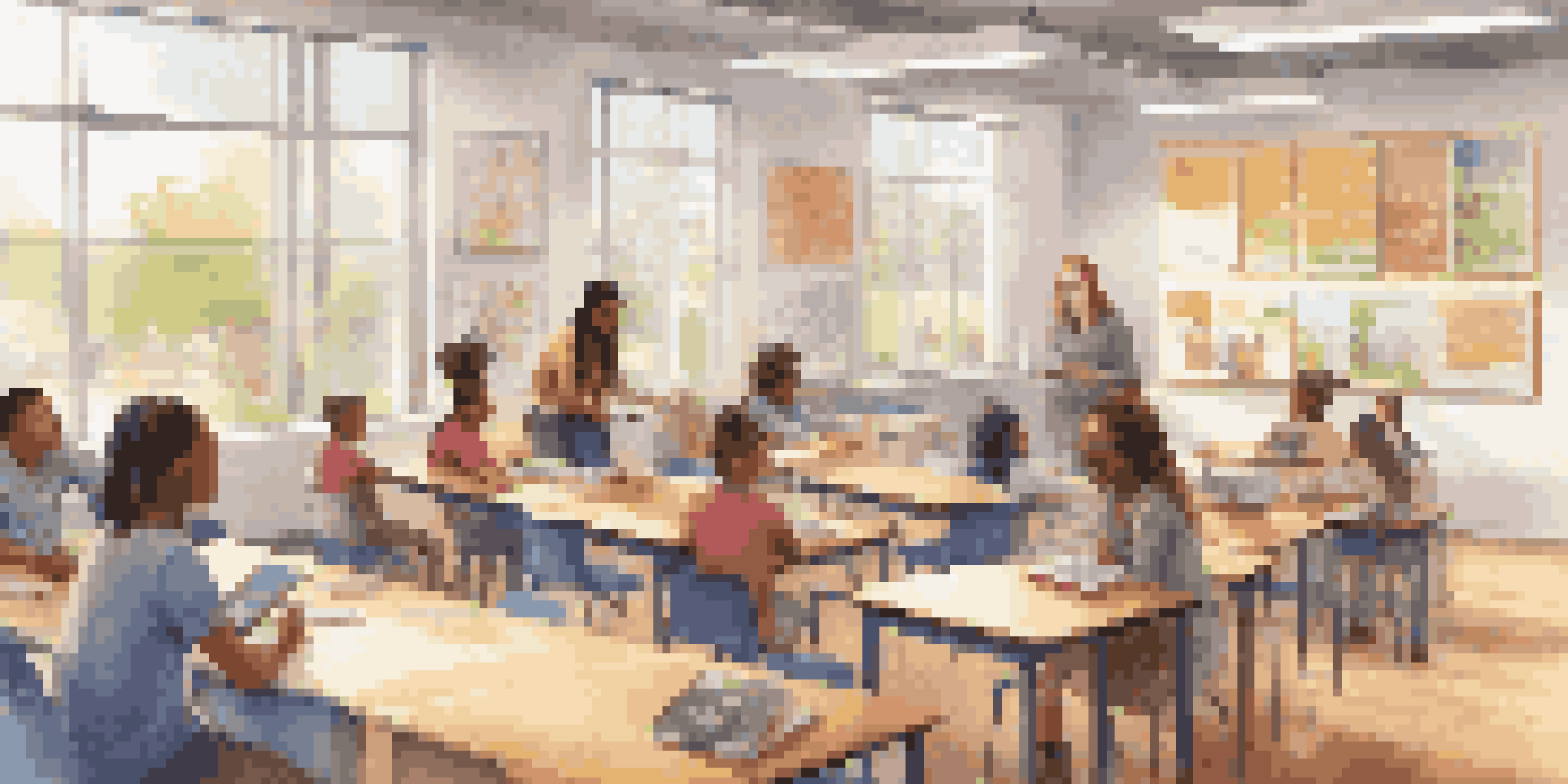 A vibrant classroom with students of various backgrounds working on personalized learning tasks, with technology and a supportive teacher present.