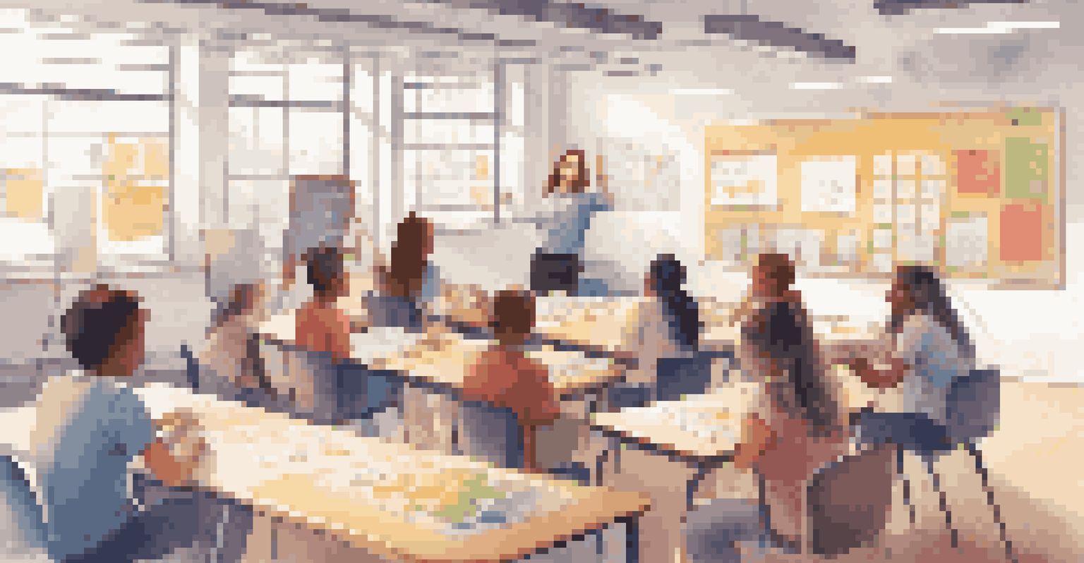 A teacher guiding students in a classroom, where they are collaborating on a project with laptops and colorful materials.