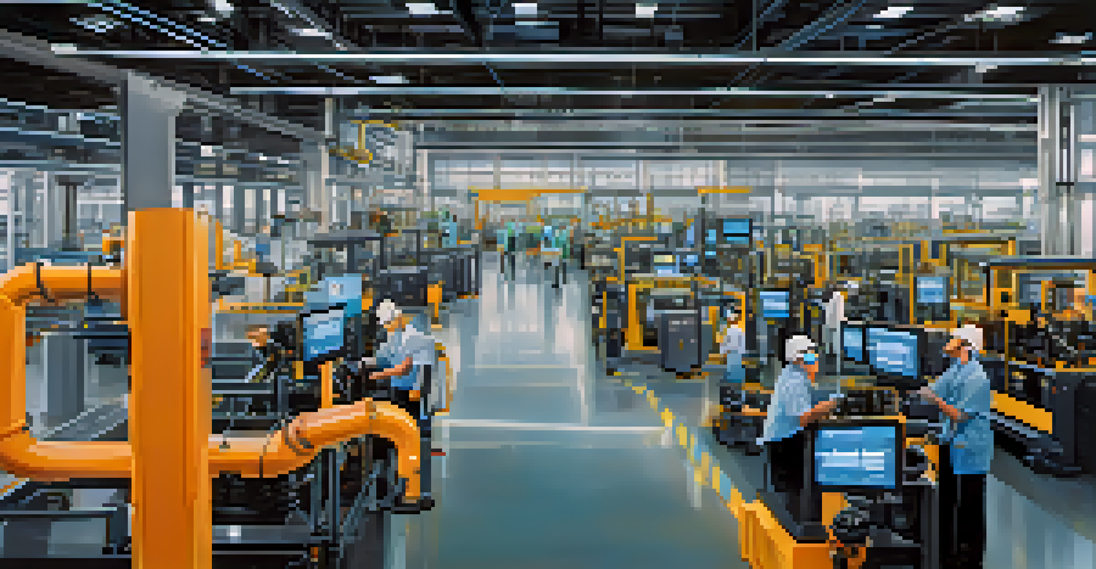 A modern manufacturing facility with workers using augmented reality glasses to monitor machinery and analyze data.