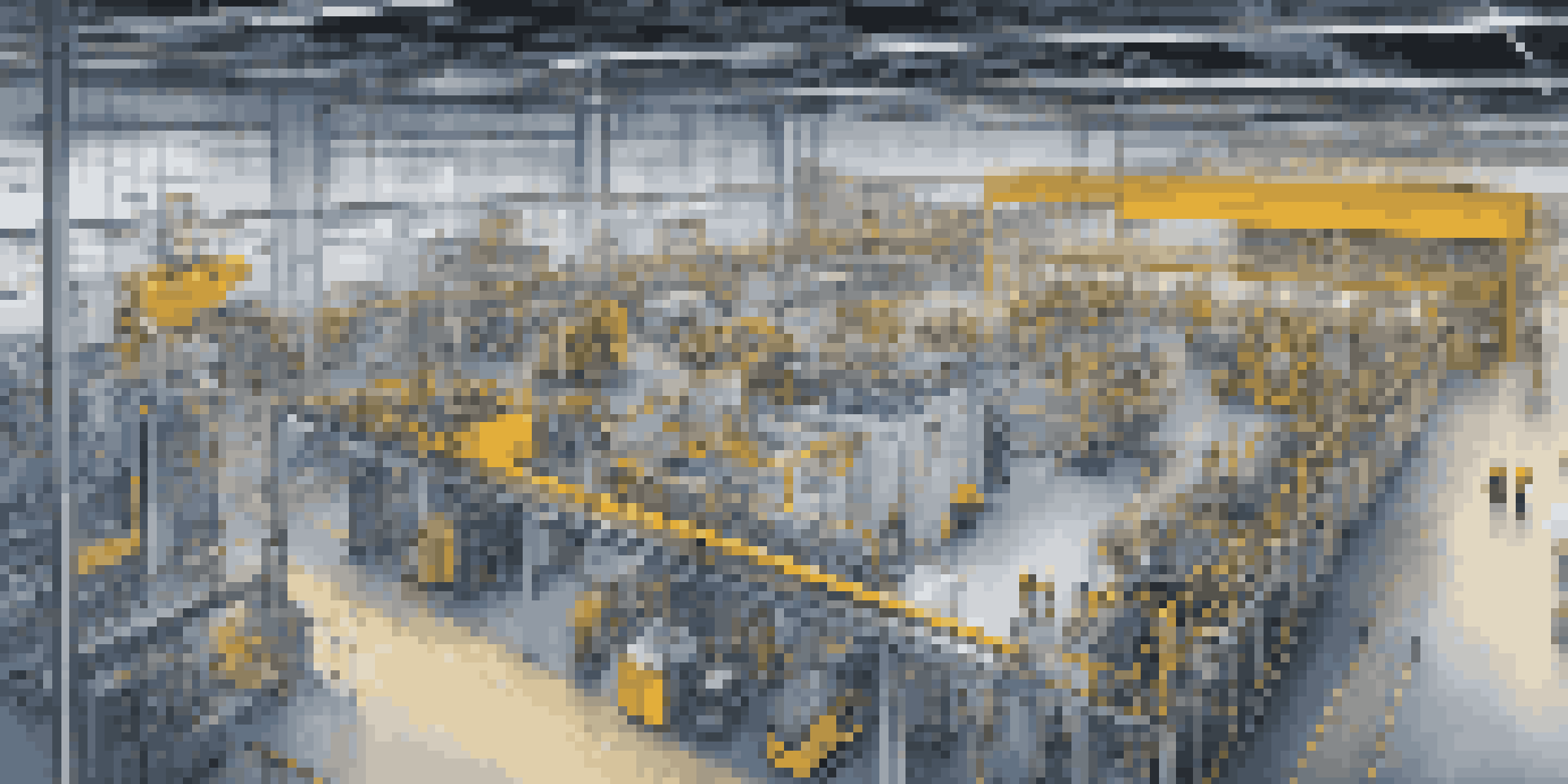 A smart factory floor with advanced machinery and IoT sensors, illuminated by bright lights, where workers are monitoring screens with data analytics.
