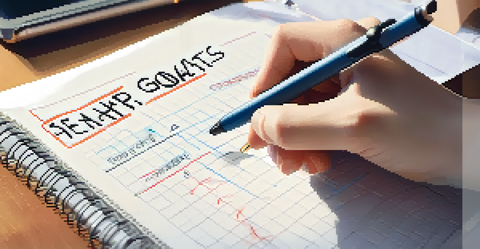 A close-up of a hand writing SMART goals on a notepad, with charts and graphs blurred in the background.
