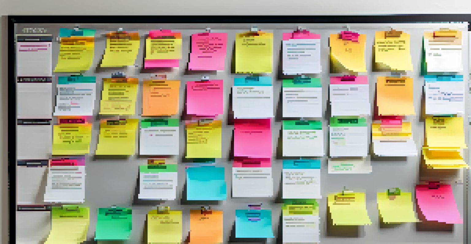An organized content inventory board with colorful sticky notes, surrounded by office supplies in a well-lit space.