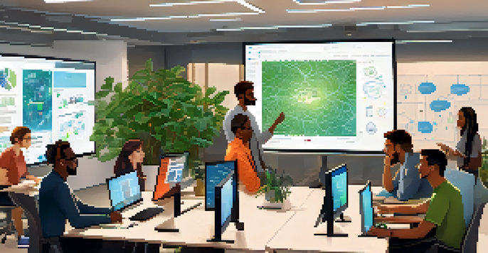 A diverse team of AI developers working together in a bright office, with screens and a whiteboard filled with ideas.