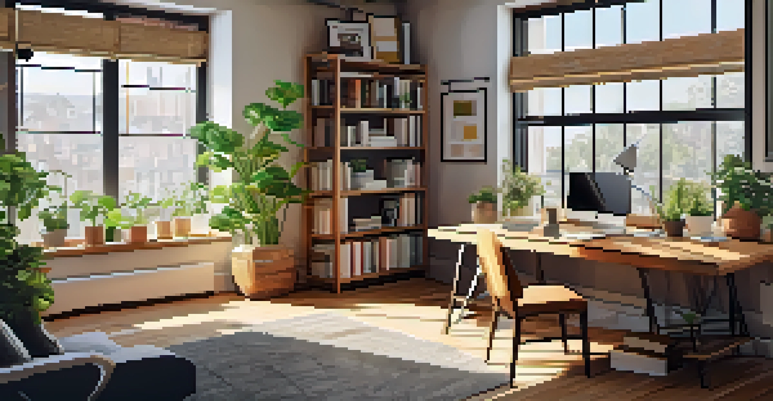 A warm home office featuring a desk with a laptop and plants, designed for productivity.