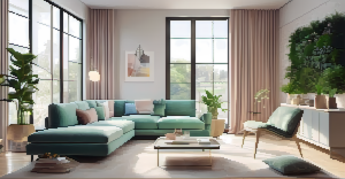 A bright modern living room showcasing augmented reality furniture, blending real and virtual elements.