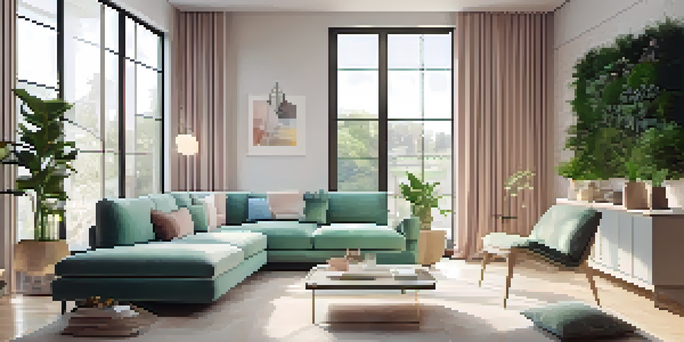 A bright modern living room showcasing augmented reality furniture, blending real and virtual elements.