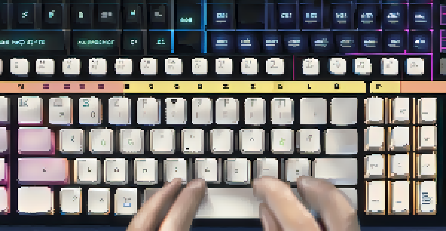 A close-up view of hands typing on a keyboard, with a visual interface showing a drag-and-drop feature in the background, illustrating the blend of coding and visual development.