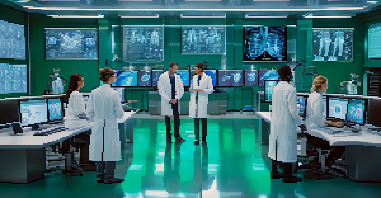 A futuristic lab with scientists developing AI algorithms for medical imaging, surrounded by screens and 3D models.