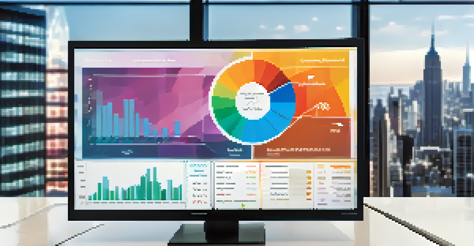 A close-up view of a computer screen with an AI-driven credit risk model, featuring colorful data analytics and a blurred financial skyline in the background.